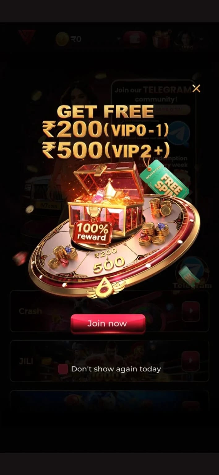 IV7 Game signup bonus screen offering ₹200 for VIP0-1 players and ₹500 for VIP2 and above