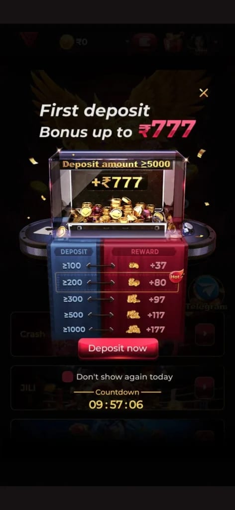 IV7 first deposit bonus screen showing the reward ladder up to ₹777