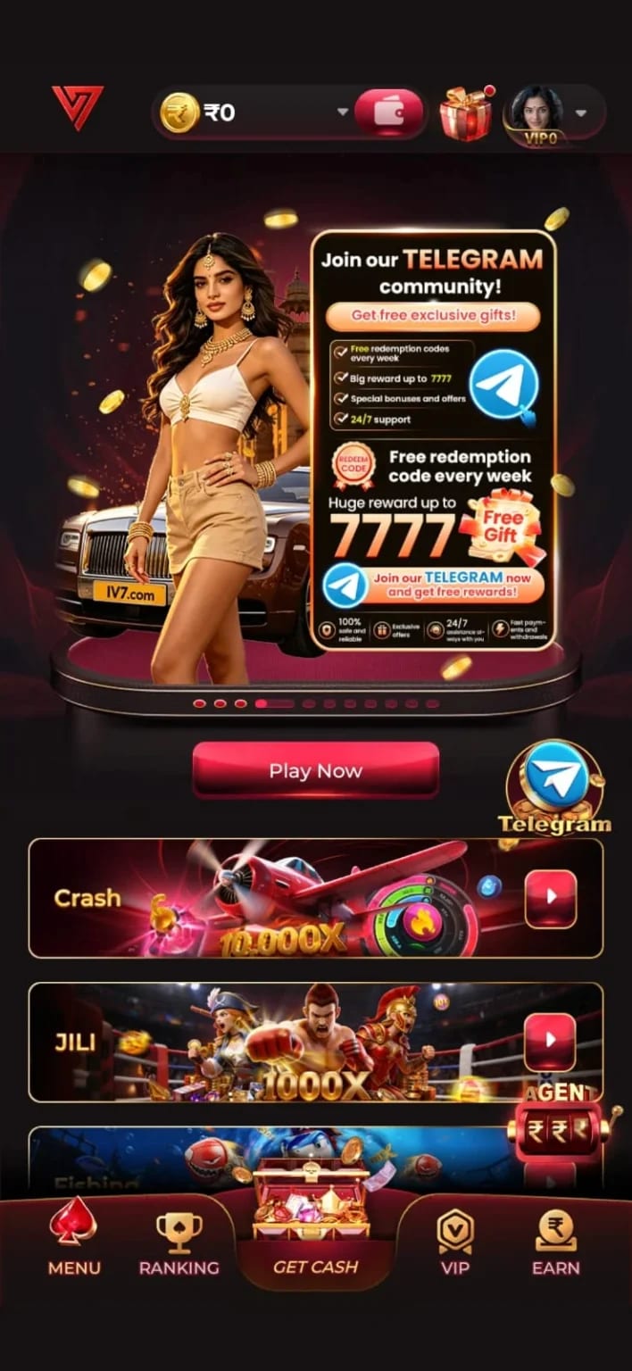 IV7 Game app home screen showing the Crash, JILI and Fishing game shelves with the wallet balance on top